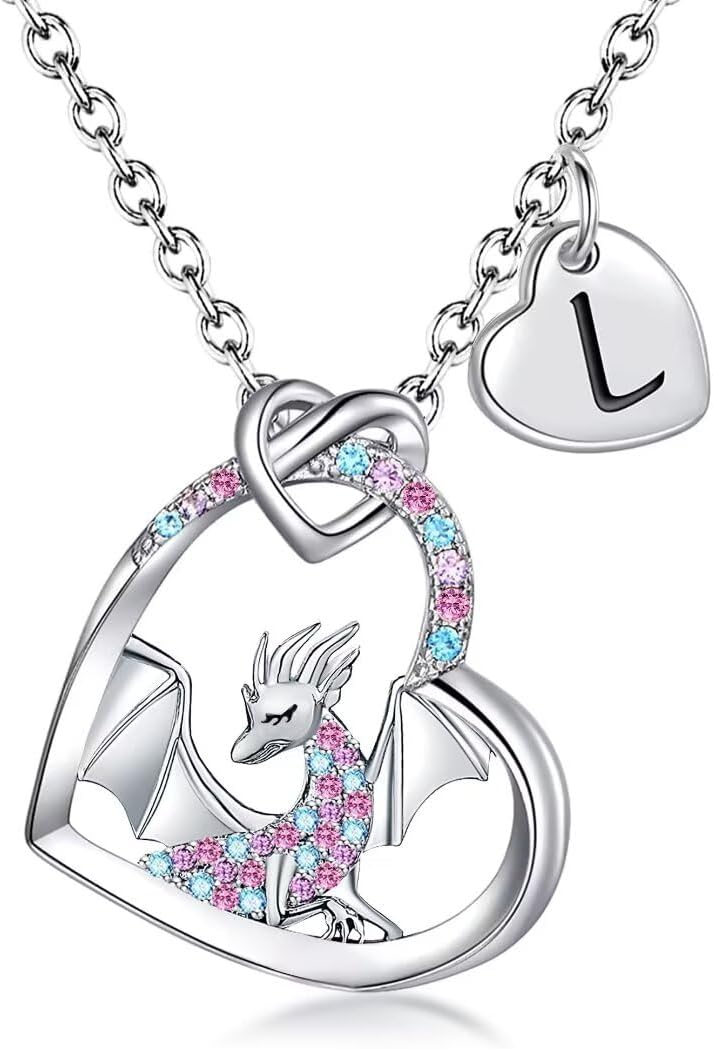 BAOWING Store Dragon Necklace Gifts for Kids Girls Rainbow Dinosaur Animal Pendant Colorful CZ Heart Letter Initial Jewelry Gifts for Daughter Granddaughter Niece Little Teen Girl - Image 1